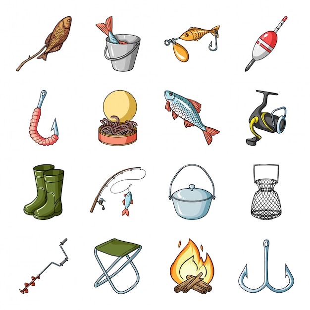 Fishing  cartoon set icon. Isolated cartoon set icon equipment fishing .  illustration sport fish  .