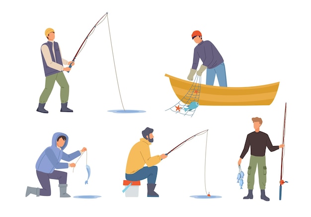 Fishing characters sitting with rods and fishing outdoor lifestyle hobby vector cartoon characters