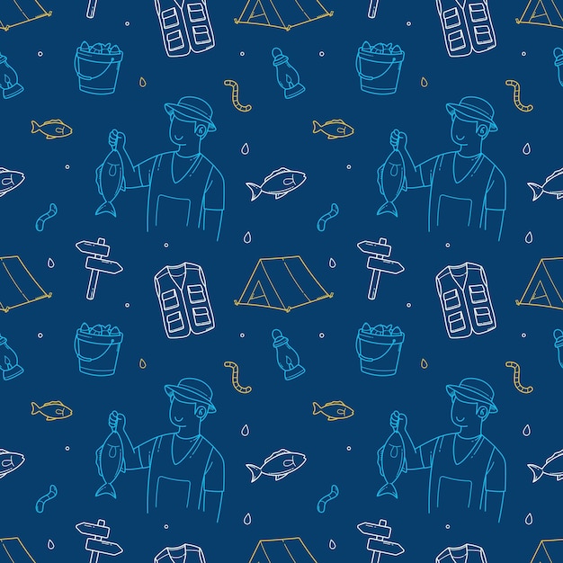 Fishing doodle hand drawn seamless pattern