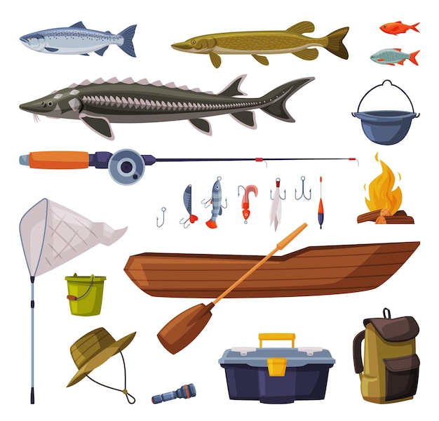 Fishing Equipment Set Freshwater Fishes Fishing Tools Apparel Boat Accessories Cartoon Vector Illustration