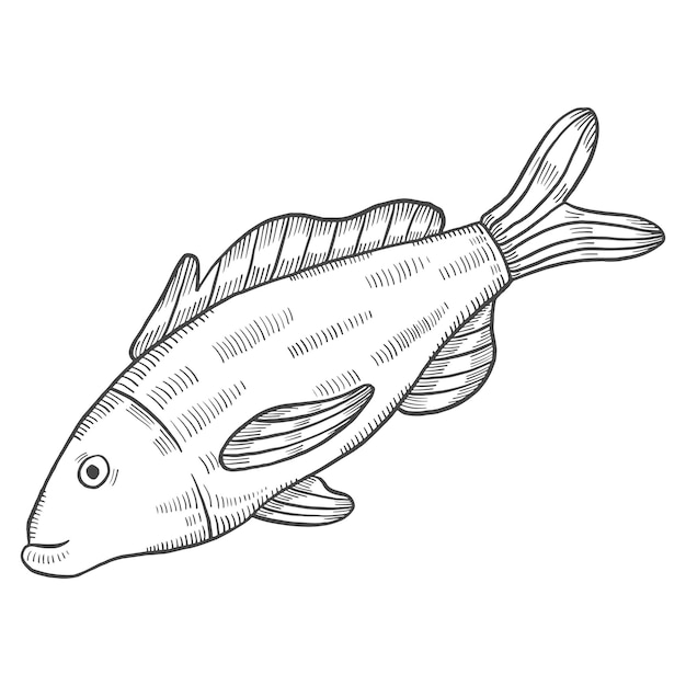 Fishing fish isolated doodle hand drawn sketch with outline style