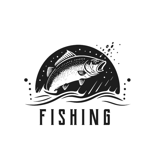 Fishing fish in the water blank and white vintage logo design template