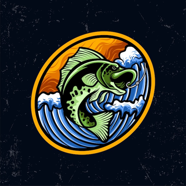 fishing green fish mascot illustration with blue wave ocean