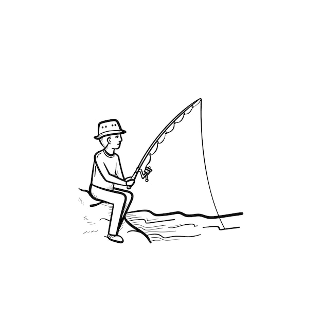 Fishing hand drawn outline doodle icon. Man fishing with rod vector sketch illustration for print, web, mobile and infographics isolated on white background.