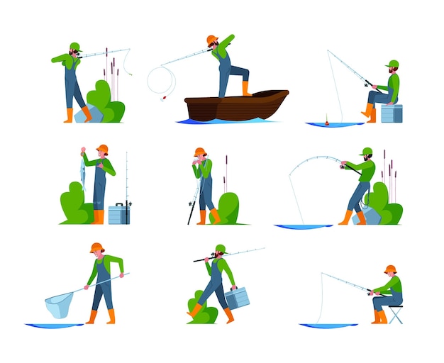 Vector fishing hobby spinning and hook for fisherman fish characters in action poses outdoor activities garish vector illustration set