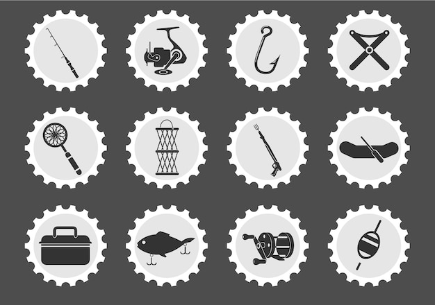 Fishing icons on stylized round postage stamps