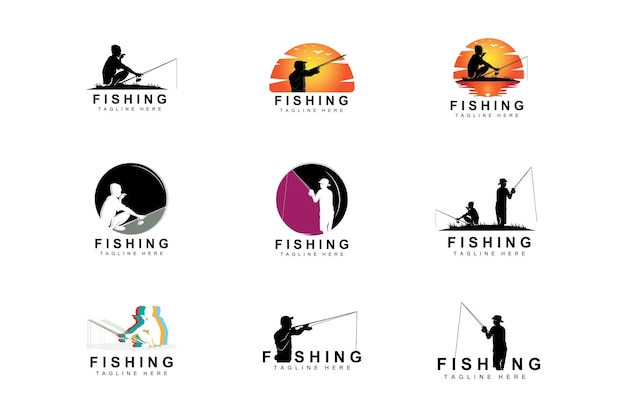 Fishing logo icon vector catch fish on the boat outdoor sunset silhouette design