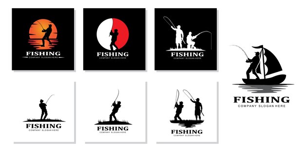 Fishing logo icon vector catch fish on the boat outdoor sunset silhouette design