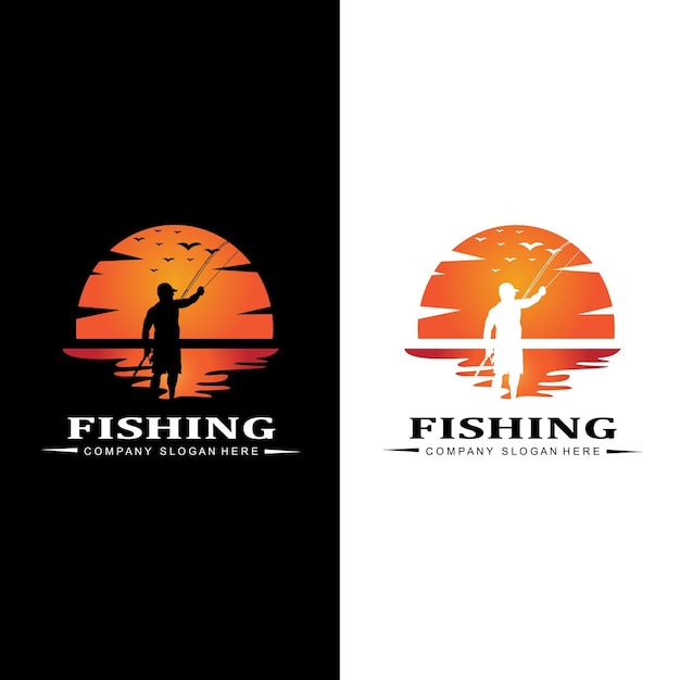 Fishing logo icon vector catch fish on the boat outdoor sunset silhouette design