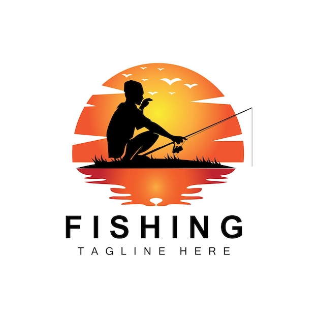 Fishing logo icon vector catch fish on the boat outdoor sunset silhouette design