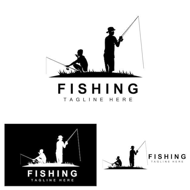 Fishing logo icon vector catch fish on the boat outdoor sunset silhouette design