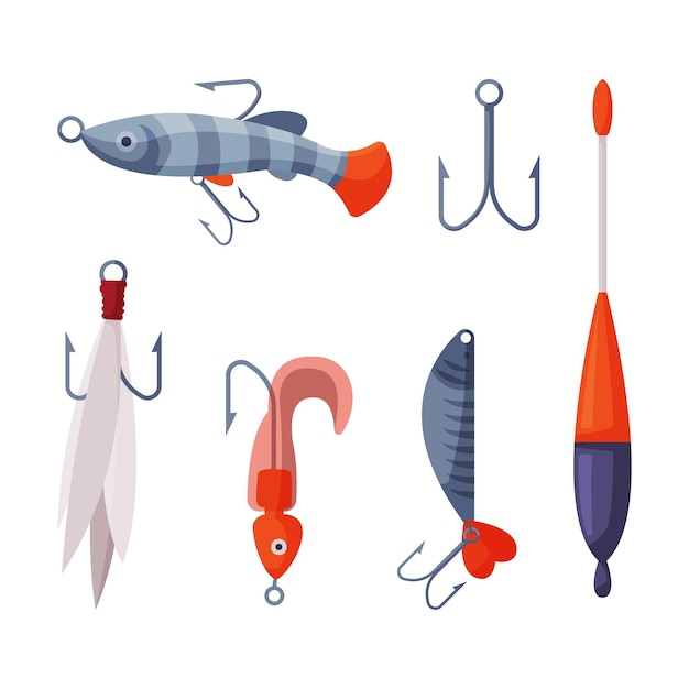 Fishing Lures Set Artificial Plastic Accessories for Spinning Fishing with Crankbait Lures Cartoon Vector Illustration