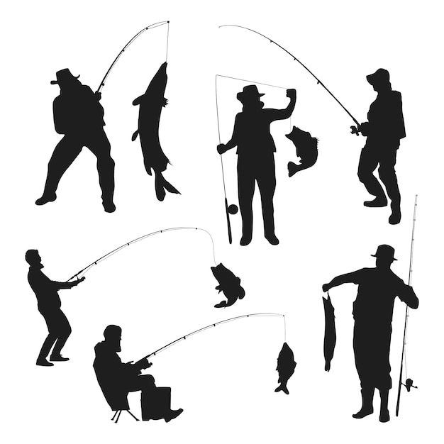 Fishing man silhouette set, Fishing man vector.