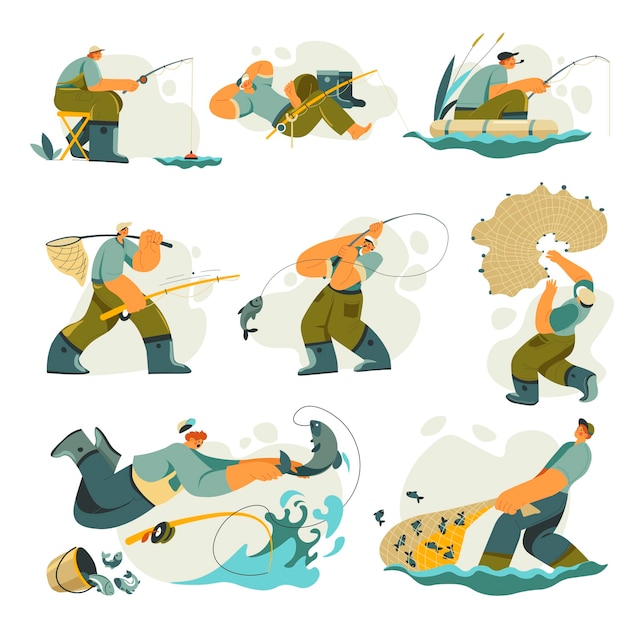 Fishing man with rod and net catching fish vector