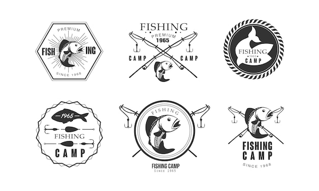 Fishing premium camp since 1965 logo design wildlife travel adventure retro labels vector Illustration isolated on a white background