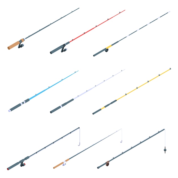 Fishing rod icons set, isometric style