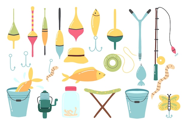 Fishing set A set of tools for fishing Flat style Vector illustration Fishing rod hook floats