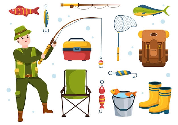 Fishing Shop Selling Various Fishery Equipment or Items on Flat Illustration