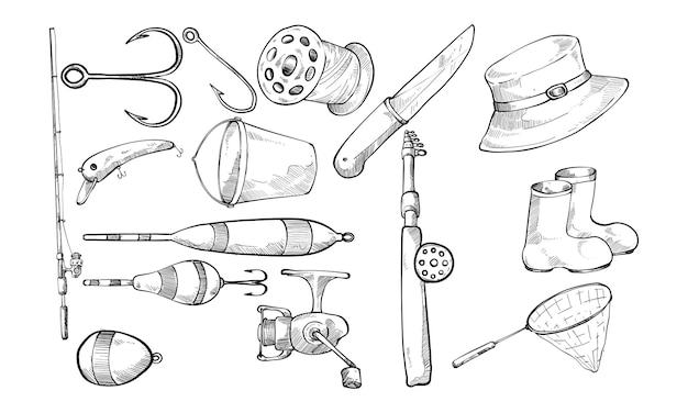 fishing tools handdrawn collection