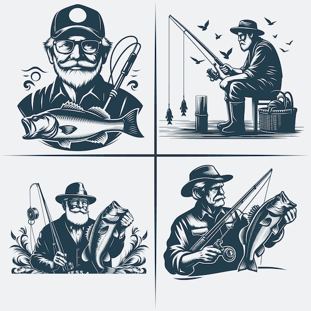 Fishing vector Bundle file Black and white Fishing silhouette file Best Fathers Day Gifts