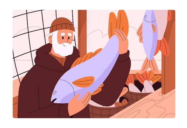 Fishmonger selling fish at local market counter Man vendor at stall with seafood fresh sea product Old senior fisherman character with salmon at marketplace Flat vector illustration