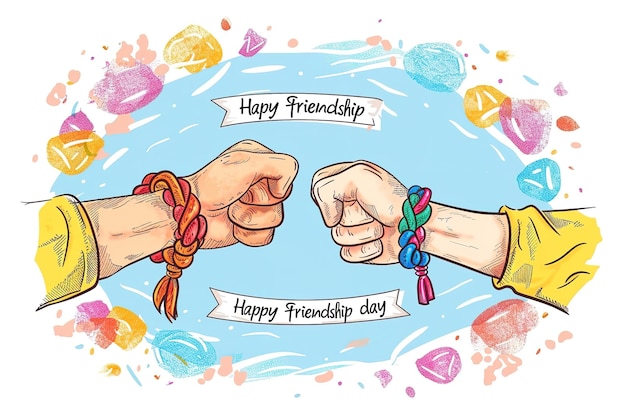 Vector fist bump two hands with colorful bracelets doing a fist bump for friendship day and text happy frie