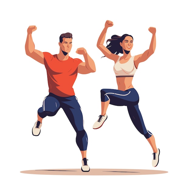 Fit man woman jumping raised fists showing strength joy Energetic exercise motivation vector