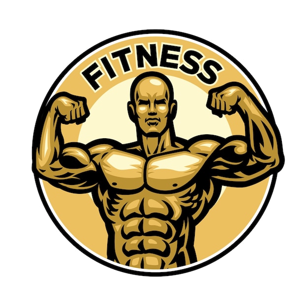 Fitness badge with muscle body flexing mascot