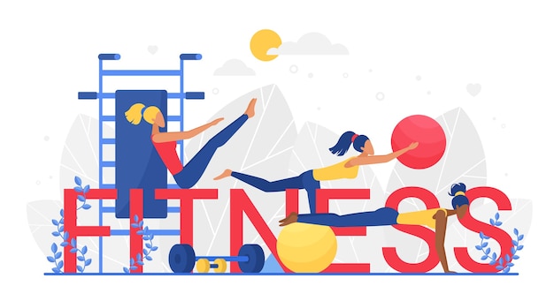 Fitness big letters word concept, woman doing sport exercises with ball and dumbbell equipment