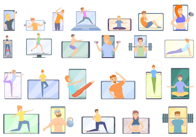 Fitness blog icons set. Cartoon set of fitness blog vector icons for web design