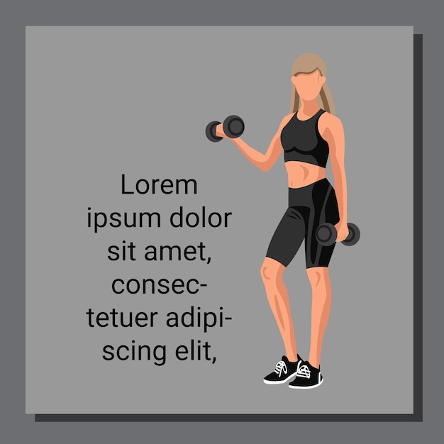 Fitness card poster with a Caucasian woman in sportswear standing and doing a workout with dumbbells on gray background with copy space text Vector illustration