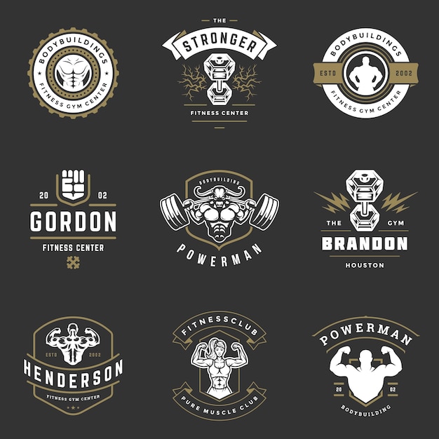 Vector fitness center and sport gym logos and badges design set vector illustration