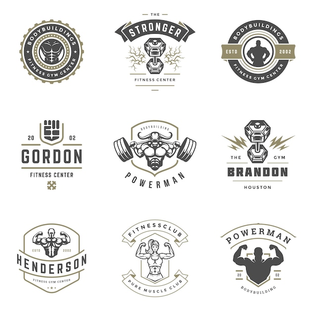 Vector fitness center and sport gym logos and badges design set vector illustration