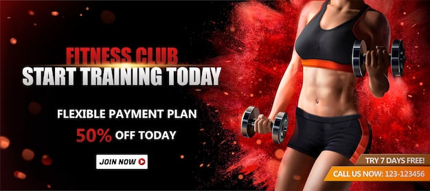 Fitness club banner with a healthy woman lifting weights on red exploding powder effect surface, 3d illustration