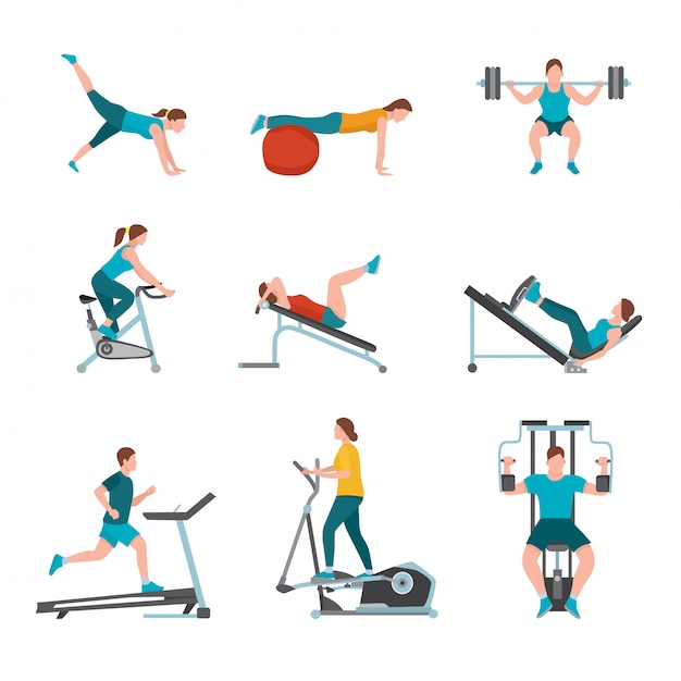 Fitness club exercises  illustration, modern gym trainers, male, female characters exercising, people working out using sports equipment and machines, healthy lifestyle