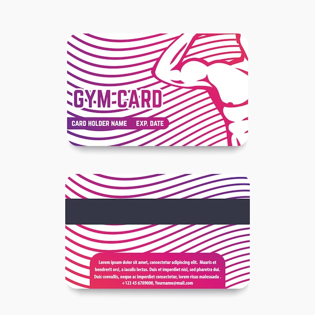 Fitness club gym card template design with strong athlete flexing biceps vector illustration