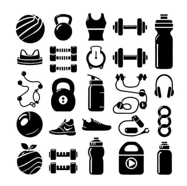 Vector fitness element icon set workout or exercise equipment icons solid icons vector collection