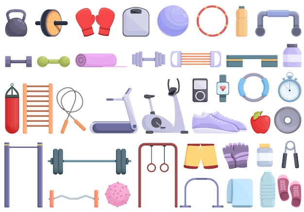 Fitness equipment icons set cartoon vector. Healthy gym. Active exercise