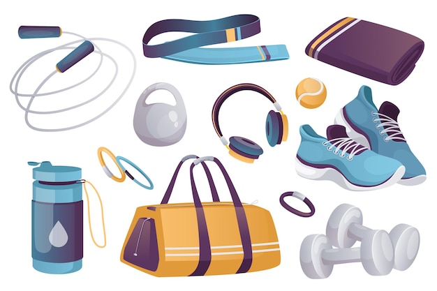 Vector fitness equipment set graphic elements in flat design bundle of jumping rope towel kettlebell ball headphones sneakers water bottle bracelets and other vector illustration isolated objects