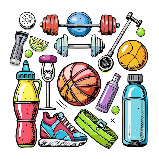 Fitness equipment with dumbbells basketballs water bottles and shoes