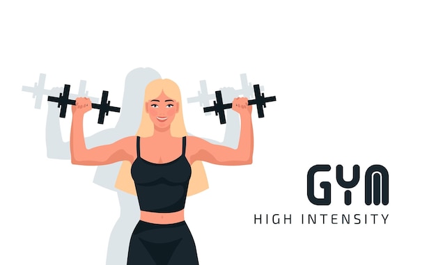 Fitness girl in gym barbells dumbbells fitness crossfit logo