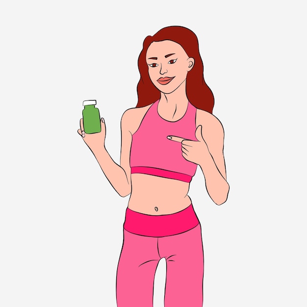 Fitness girl holding supplement bottle hand drawn illustration