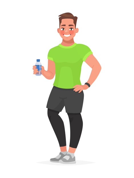 Vector fitness guy in sportswear holding a bottle of water in his hand. the man in the gym.