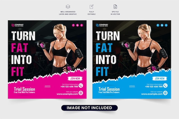 Fitness gym advertisement template for digital marketing Gym business social media post vector with pink and blue colors Gym workout session promotional web banner design with abstract shapes