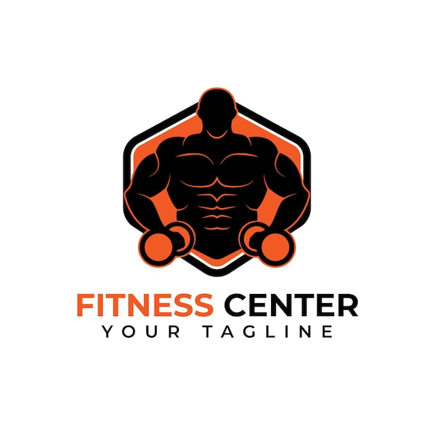 Fitness gym center and body building logo vector design in black and orange color