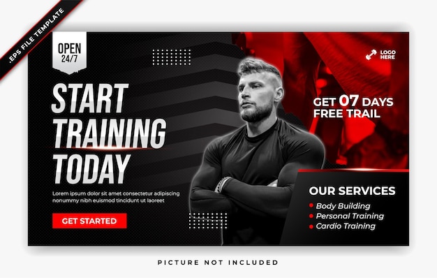 Fitness gym cover banner web poster promotion post template design with red black background