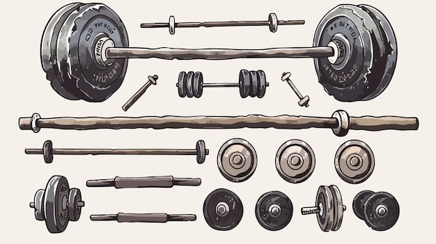 Fitness Gym Curved Rod and Plates Vector Illustration Handdrawn