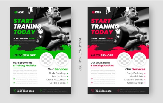 fitness gym or gym and fitness flyer design template with brush shapes