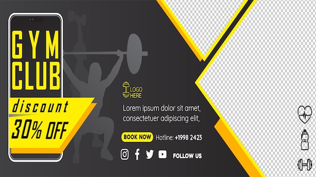 Vector fitness gym workout horizontal banner template