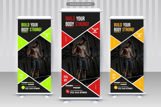 Fitness gym x rollup pullup retractable signage banner design vector template